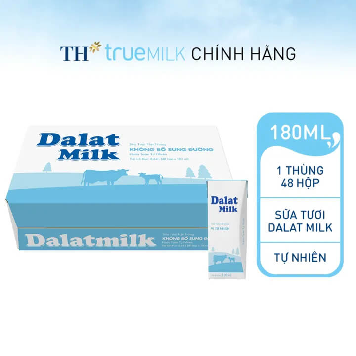 Thùng Sữa tươi tiệt trùng vị tự nhiên Dalatmilk 180ml x 48 hộp