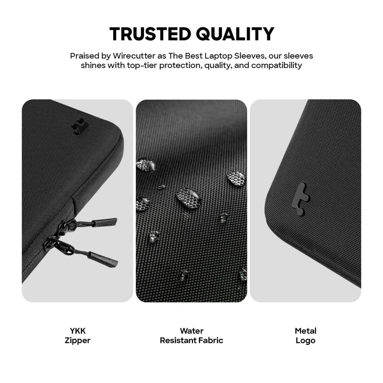 Túi chống sốc Tomtoc Premium Protective Macbook Air/Pro – A13 11 3 điểm mạnh: Khóa kéo mượt, vải kháng nước, logo kim loại trên Tomtoc Premium Protective Macbook Air Pro A13